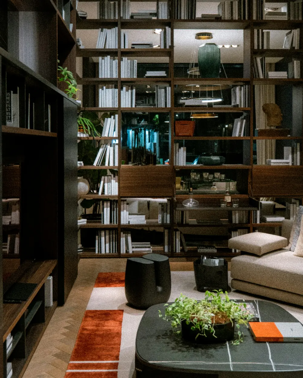 A living room with a sofa and shelves
